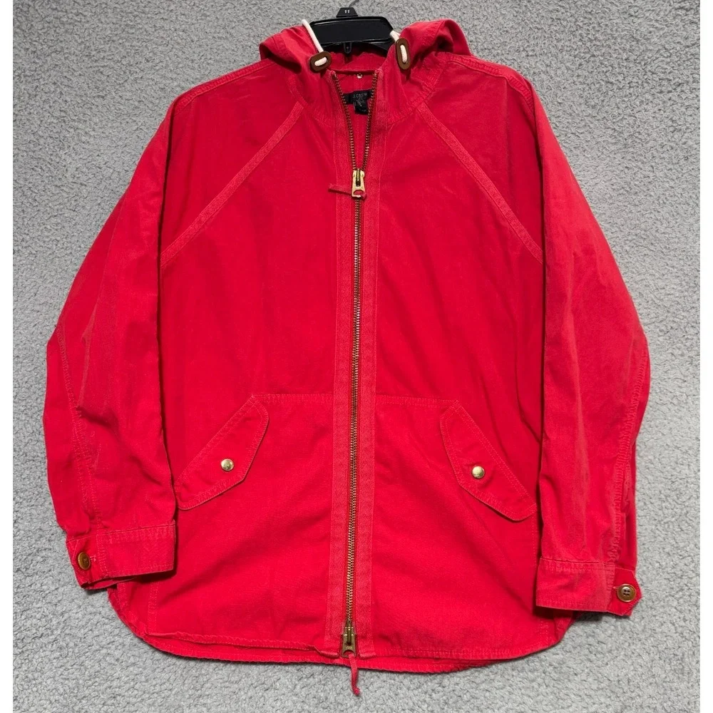 J Crew Full Zip Hooded Shacket Jacket Red Mens Size Small 100% Cotton